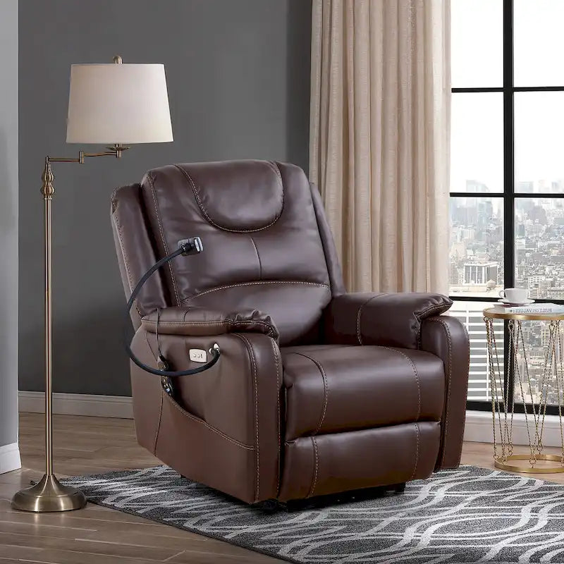 Fauteuil inclinable électrique noir, avec massage, chauffage, ports USB, support pour téléphone et poches latérales, inclinaison réglable jusqu'à 139°.