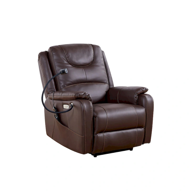 Fauteuil inclinable électrique noir, avec massage, chauffage, ports USB, support pour téléphone et poches latérales, inclinaison réglable jusqu'à 139°.