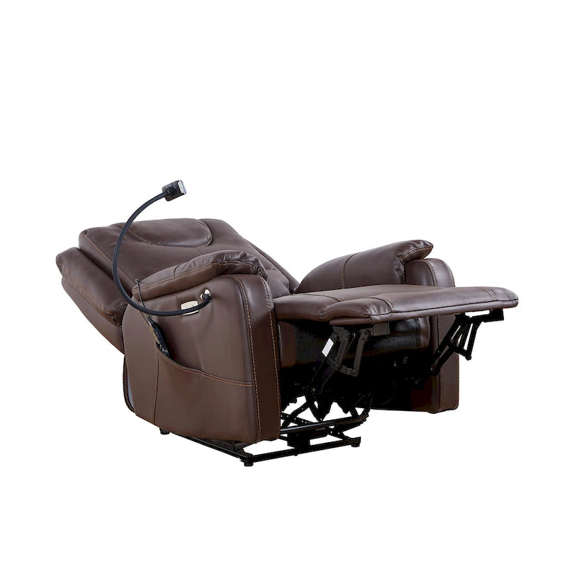 Fauteuil inclinable électrique noir, avec massage, chauffage, ports USB, support pour téléphone et poches latérales, inclinaison réglable jusqu'à 139°.