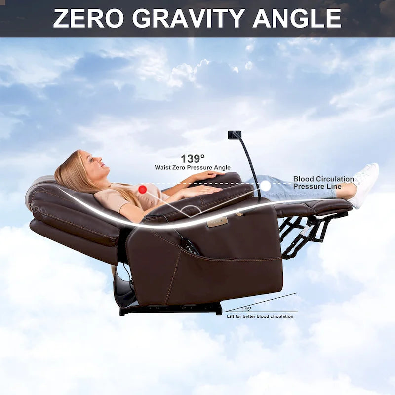 Fauteuil inclinable électrique noir, avec massage, chauffage, ports USB, support pour téléphone et poches latérales, inclinaison réglable jusqu'à 139°.