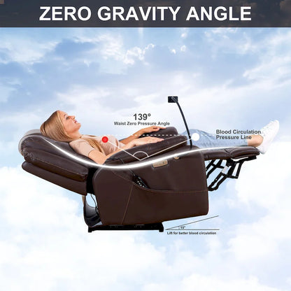 Fauteuil inclinable électrique noir, avec massage, chauffage, ports USB, support pour téléphone et poches latérales, inclinaison réglable jusqu'à 139°.