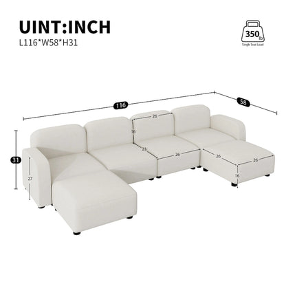 Canapé d'angle modulable en velours en forme de U, 6 places, avec deux poufs, design réversible pour un espace de vie personnalisable.