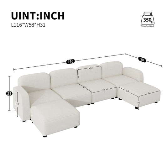 Canapé d'angle modulable en velours en forme de U, 6 places, avec deux poufs, design réversible pour un espace de vie personnalisable.