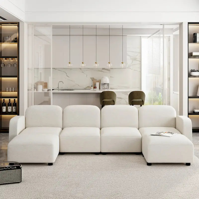 Canapé d'angle modulable en velours en forme de U, 6 places, avec deux poufs, design réversible pour un espace de vie personnalisable.