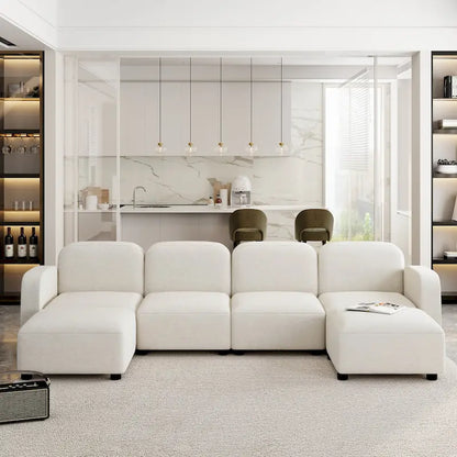 Canapé d'angle modulable en velours en forme de U, 6 places, avec deux poufs, design réversible pour un espace de vie personnalisable.