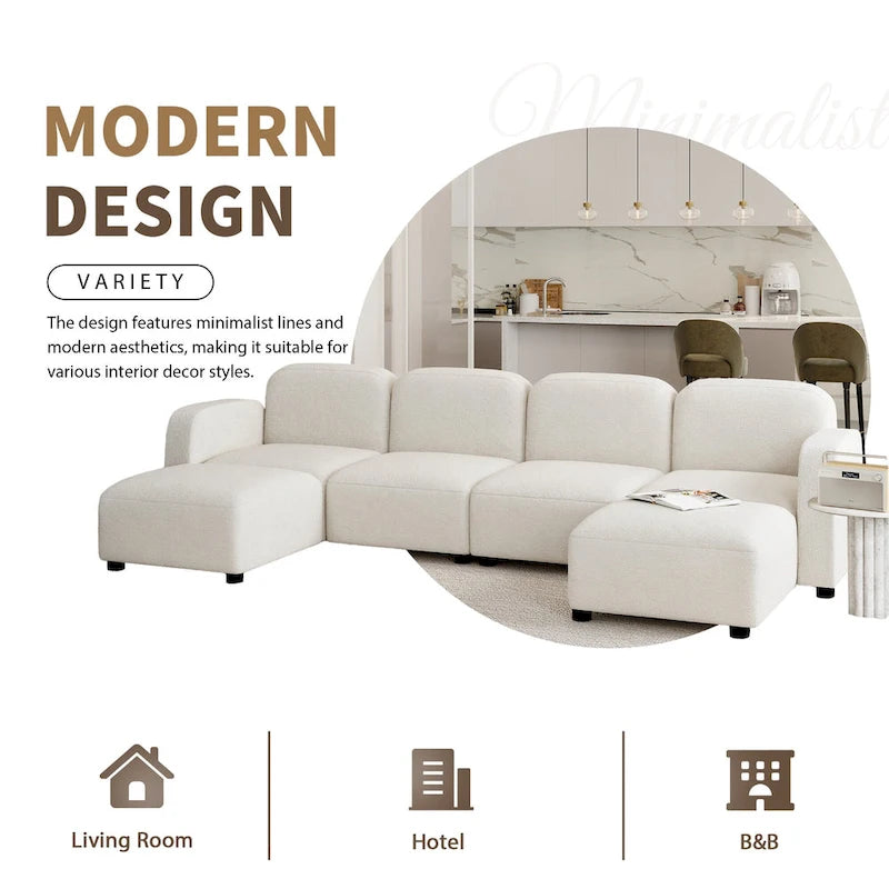 Canapé d'angle modulable en velours en forme de U, 6 places, avec deux poufs, design réversible pour un espace de vie personnalisable.