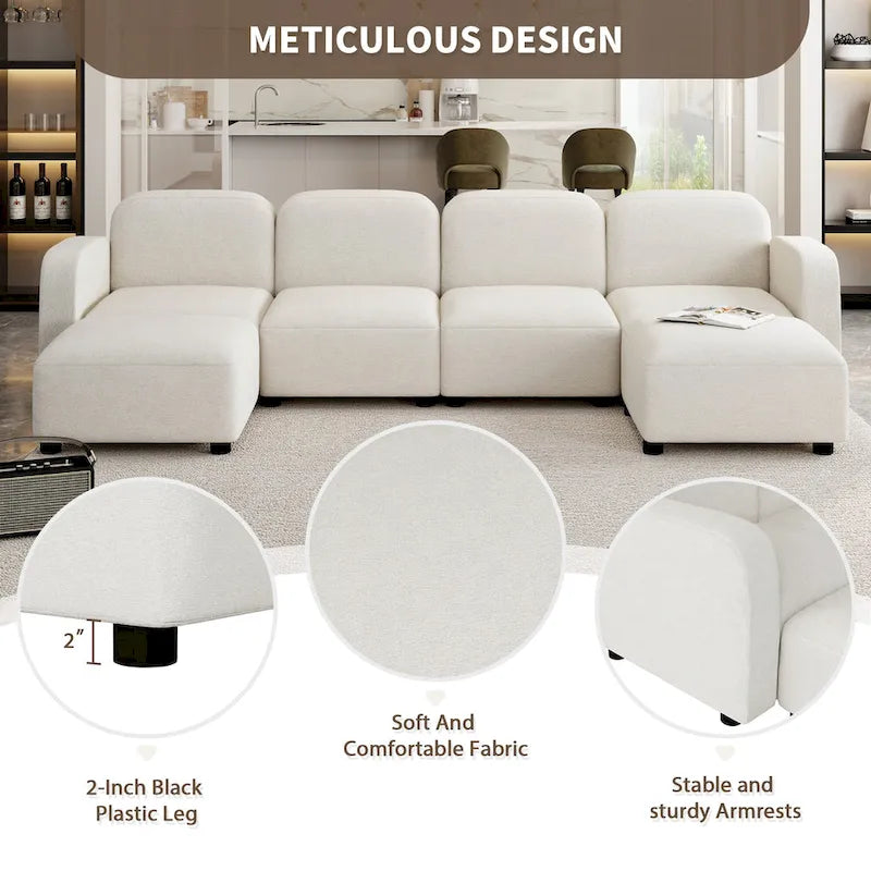 Canapé d'angle modulable en velours en forme de U, 6 places, avec deux poufs, design réversible pour un espace de vie personnalisable.