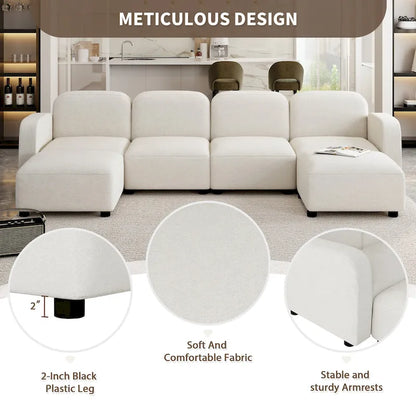 Canapé d'angle modulable en velours en forme de U, 6 places, avec deux poufs, design réversible pour un espace de vie personnalisable.