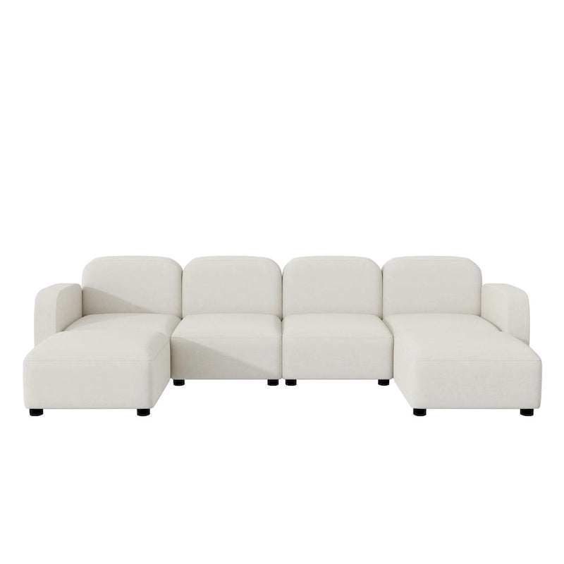 Canapé d'angle modulable en velours en forme de U, 6 places, avec deux poufs, design réversible pour un espace de vie personnalisable.