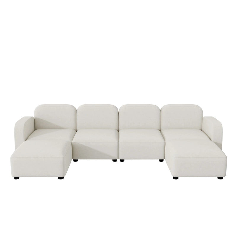 Canapé d'angle modulable en velours en forme de U, 6 places, avec deux poufs, design réversible pour un espace de vie personnalisable.