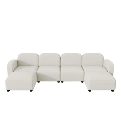 Canapé d'angle modulable en velours en forme de U, 6 places, avec deux poufs, design réversible pour un espace de vie personnalisable.