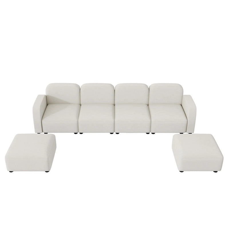Canapé d'angle modulable en velours en forme de U, 6 places, avec deux poufs, design réversible pour un espace de vie personnalisable.