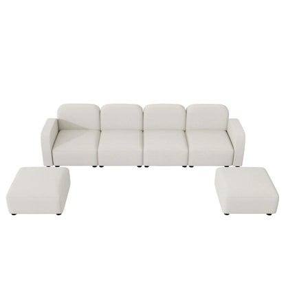 Canapé d'angle modulable en velours en forme de U, 6 places, avec deux poufs, design réversible pour un espace de vie personnalisable.