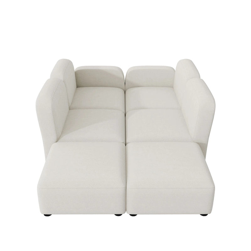 Canapé d'angle modulable en velours en forme de U, 6 places, avec deux poufs, design réversible pour un espace de vie personnalisable.