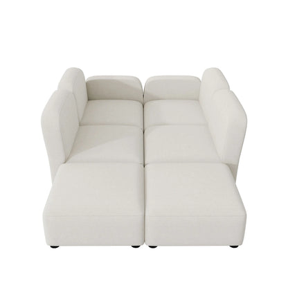 Canapé d'angle modulable en velours en forme de U, 6 places, avec deux poufs, design réversible pour un espace de vie personnalisable.