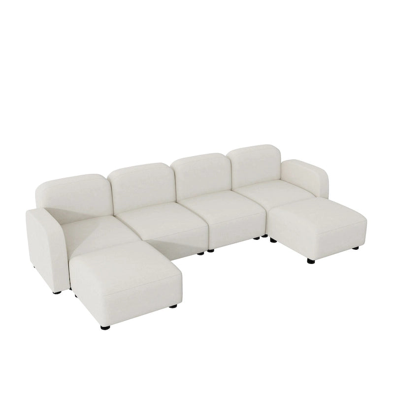 Canapé d'angle modulable en velours en forme de U, 6 places, avec deux poufs, design réversible pour un espace de vie personnalisable.