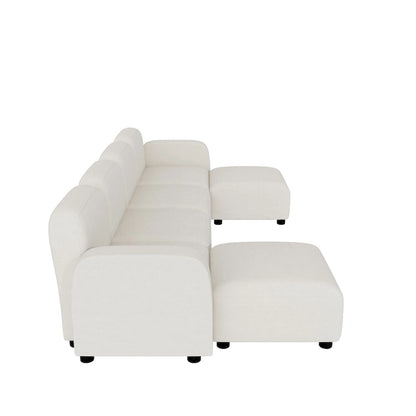 Canapé d'angle modulable en velours en forme de U, 6 places, avec deux poufs, design réversible pour un espace de vie personnalisable.
