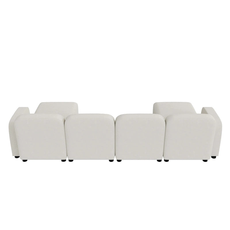 Canapé d'angle modulable en velours en forme de U, 6 places, avec deux poufs, design réversible pour un espace de vie personnalisable.