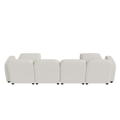 Canapé d'angle modulable en velours en forme de U, 6 places, avec deux poufs, design réversible pour un espace de vie personnalisable.