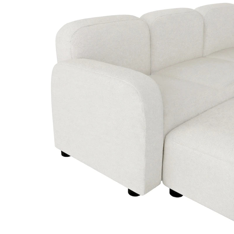 Canapé d'angle modulable en velours en forme de U, 6 places, avec deux poufs, design réversible pour un espace de vie personnalisable.