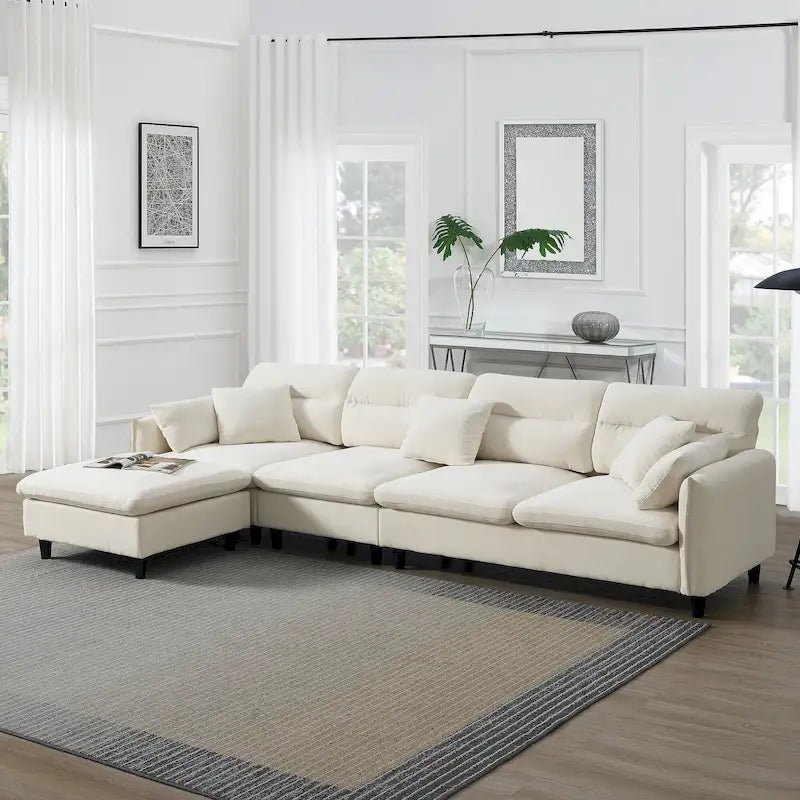 Canapé d'angle convertible moderne en forme de L, 5 places, avec pouf amovible et 5 coussins, en tissu chenille moelleux.