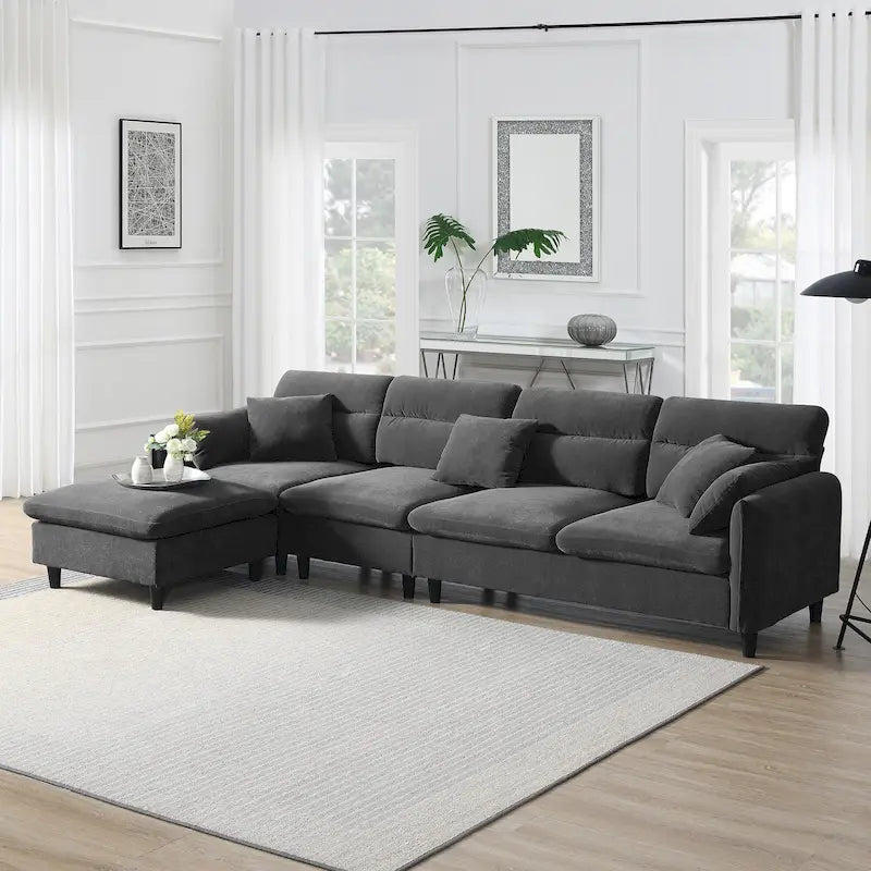 Canapé d'angle convertible moderne en forme de L, 5 places, avec pouf amovible et 5 coussins, en tissu chenille moelleux.