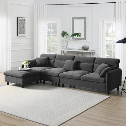 Canapé d'angle convertible moderne en forme de L, 5 places, avec pouf amovible et 5 coussins, en tissu chenille moelleux.