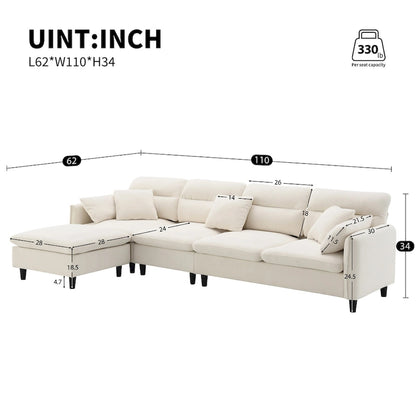 Canapé d'angle convertible moderne en forme de L, 5 places, avec pouf amovible et 5 coussins, en tissu chenille moelleux.