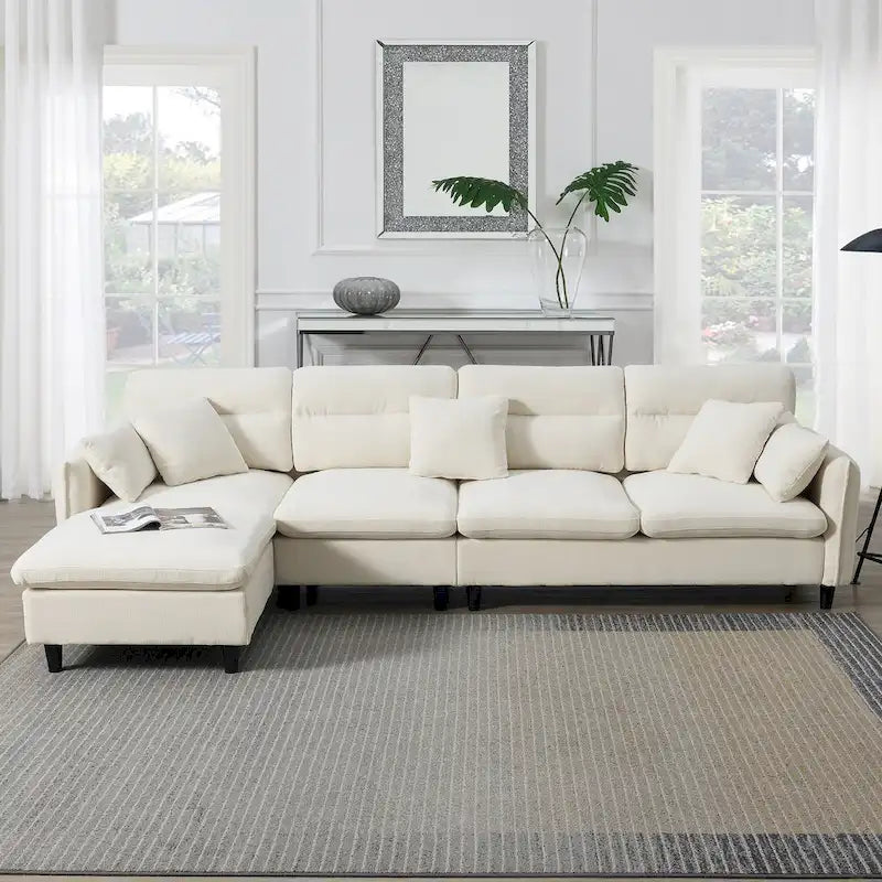 Canapé d'angle convertible moderne en forme de L, 5 places, avec pouf amovible et 5 coussins, en tissu chenille moelleux.