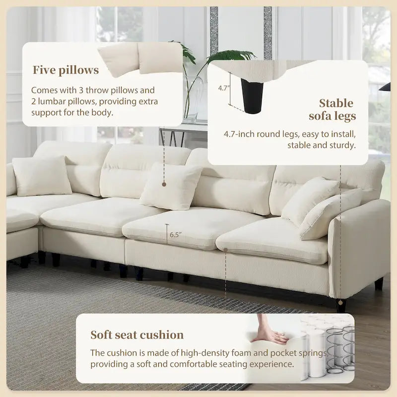 Canapé d'angle convertible moderne en forme de L, 5 places, avec pouf amovible et 5 coussins, en tissu chenille moelleux.