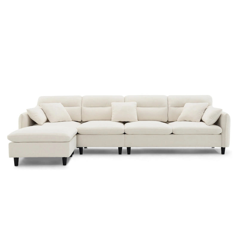 Canapé d'angle convertible moderne en forme de L, 5 places, avec pouf amovible et 5 coussins, en tissu chenille moelleux.