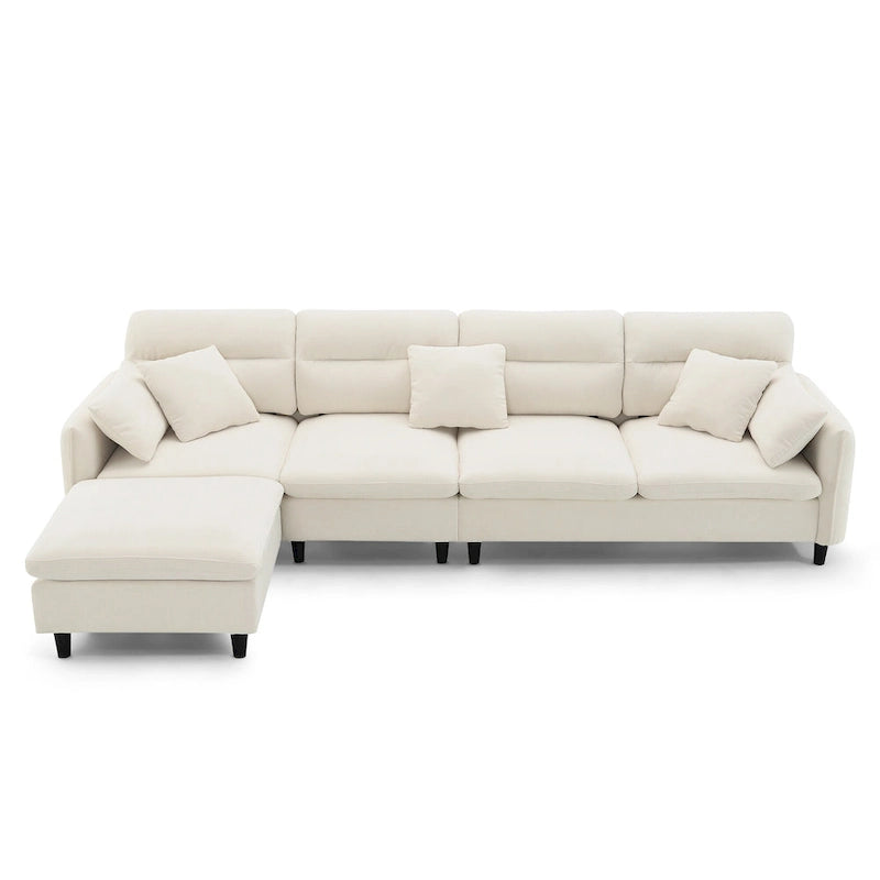 Canapé d'angle convertible moderne en forme de L, 5 places, avec pouf amovible et 5 coussins, en tissu chenille moelleux.