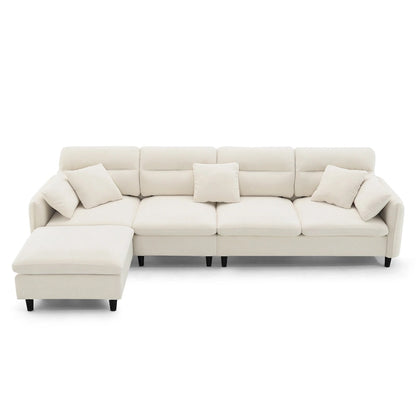 Canapé d'angle convertible moderne en forme de L, 5 places, avec pouf amovible et 5 coussins, en tissu chenille moelleux.