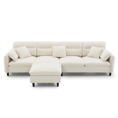 Canapé d'angle convertible moderne en forme de L, 5 places, avec pouf amovible et 5 coussins, en tissu chenille moelleux.
