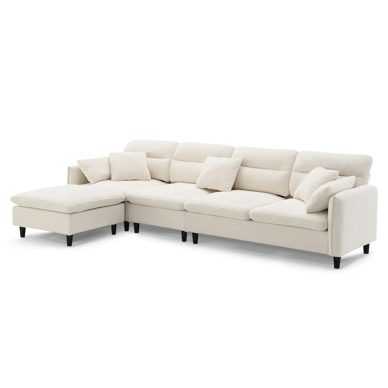 Canapé d'angle convertible moderne en forme de L, 5 places, avec pouf amovible et 5 coussins, en tissu chenille moelleux.