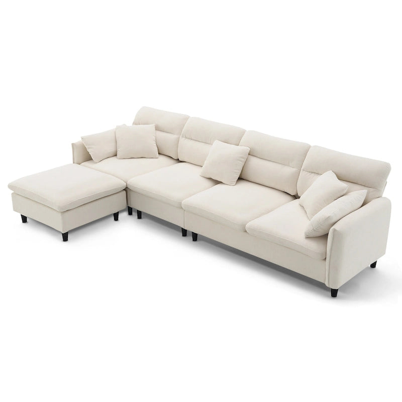 Canapé d'angle convertible moderne en forme de L, 5 places, avec pouf amovible et 5 coussins, en tissu chenille moelleux.