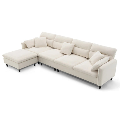Canapé d'angle convertible moderne en forme de L, 5 places, avec pouf amovible et 5 coussins, en tissu chenille moelleux.