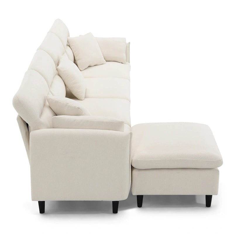 Canapé d'angle convertible moderne en forme de L, 5 places, avec pouf amovible et 5 coussins, en tissu chenille moelleux.