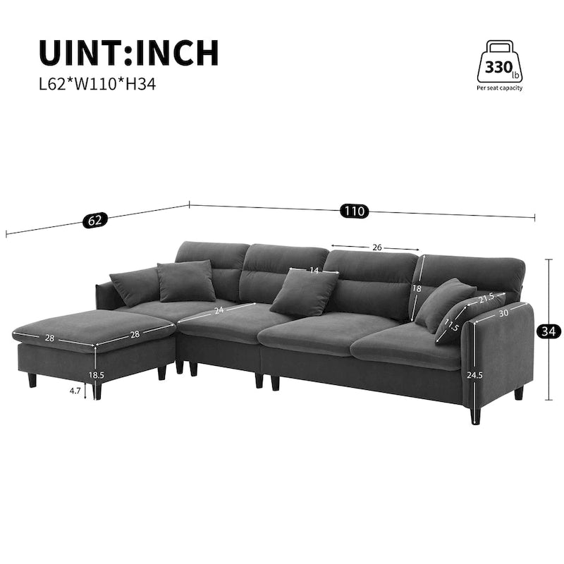 Canapé d'angle convertible moderne en forme de L, 5 places, avec pouf amovible et 5 coussins, en tissu chenille moelleux.