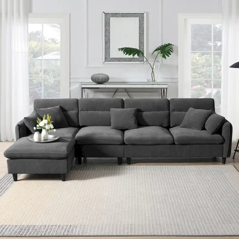 Canapé d'angle convertible moderne en forme de L, 5 places, avec pouf amovible et 5 coussins, en tissu chenille moelleux.