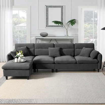 Canapé d'angle convertible moderne en forme de L, 5 places, avec pouf amovible et 5 coussins, en tissu chenille moelleux.