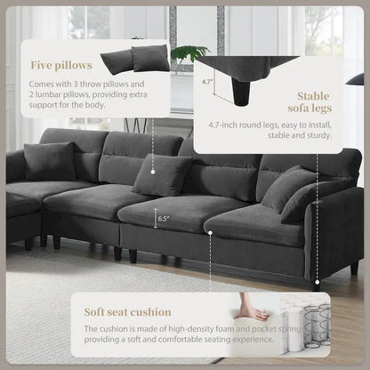 Canapé d'angle convertible moderne en forme de L, 5 places, avec pouf amovible et 5 coussins, en tissu chenille moelleux.