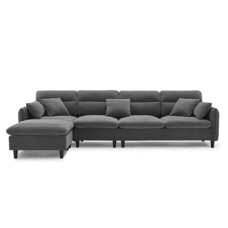 Canapé d'angle convertible moderne en forme de L, 5 places, avec pouf amovible et 5 coussins, en tissu chenille moelleux.