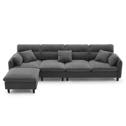Canapé d'angle convertible moderne en forme de L, 5 places, avec pouf amovible et 5 coussins, en tissu chenille moelleux.