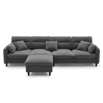 Canapé d'angle convertible moderne en forme de L, 5 places, avec pouf amovible et 5 coussins, en tissu chenille moelleux.