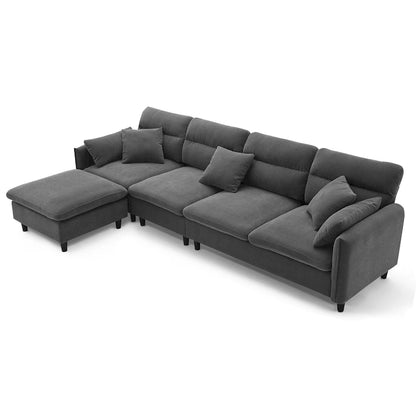 Canapé d'angle convertible moderne en forme de L, 5 places, avec pouf amovible et 5 coussins, en tissu chenille moelleux.