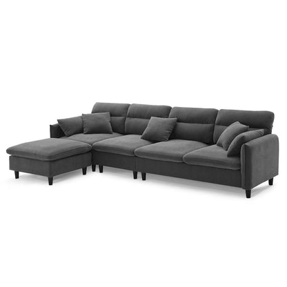 Canapé d'angle convertible moderne en forme de L, 5 places, avec pouf amovible et 5 coussins, en tissu chenille moelleux.