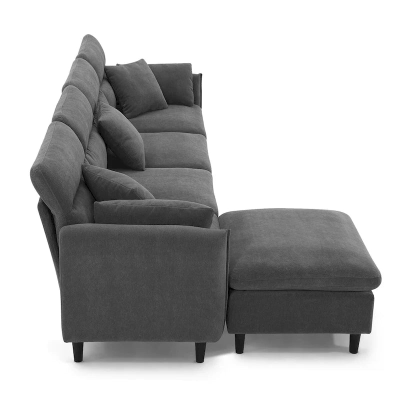 Canapé d'angle convertible moderne en forme de L, 5 places, avec pouf amovible et 5 coussins, en tissu chenille moelleux.