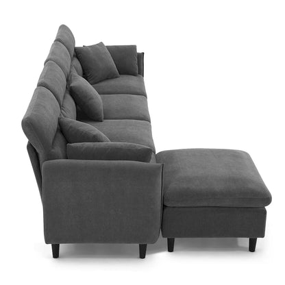 Canapé d'angle convertible moderne en forme de L, 5 places, avec pouf amovible et 5 coussins, en tissu chenille moelleux.