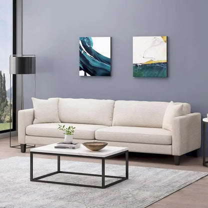 Canapé 3 places beige moderne 101 avec pieds en bois et deux coussins pour salon